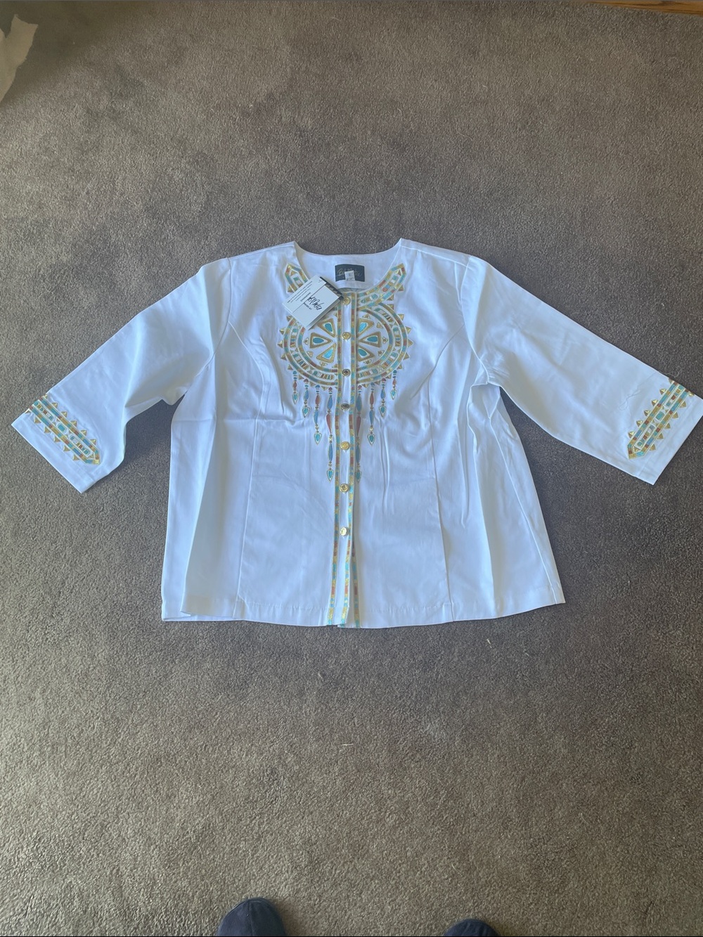 Bob Mackie White Embroidered Three-Quarter Sleeve Blouse with Pastel Accents